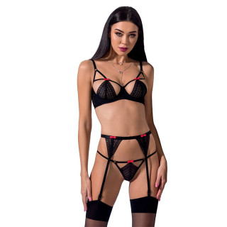 Комплект білизни PERDITA SET black L/XL - Passion Exclusive: стрепи: ліф, стрінги і пояс для панчох