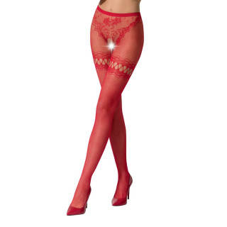 Еротичні колготки-бодістокінг Passion S015 red, імітація панчох у сіточку та трусиків з доступом